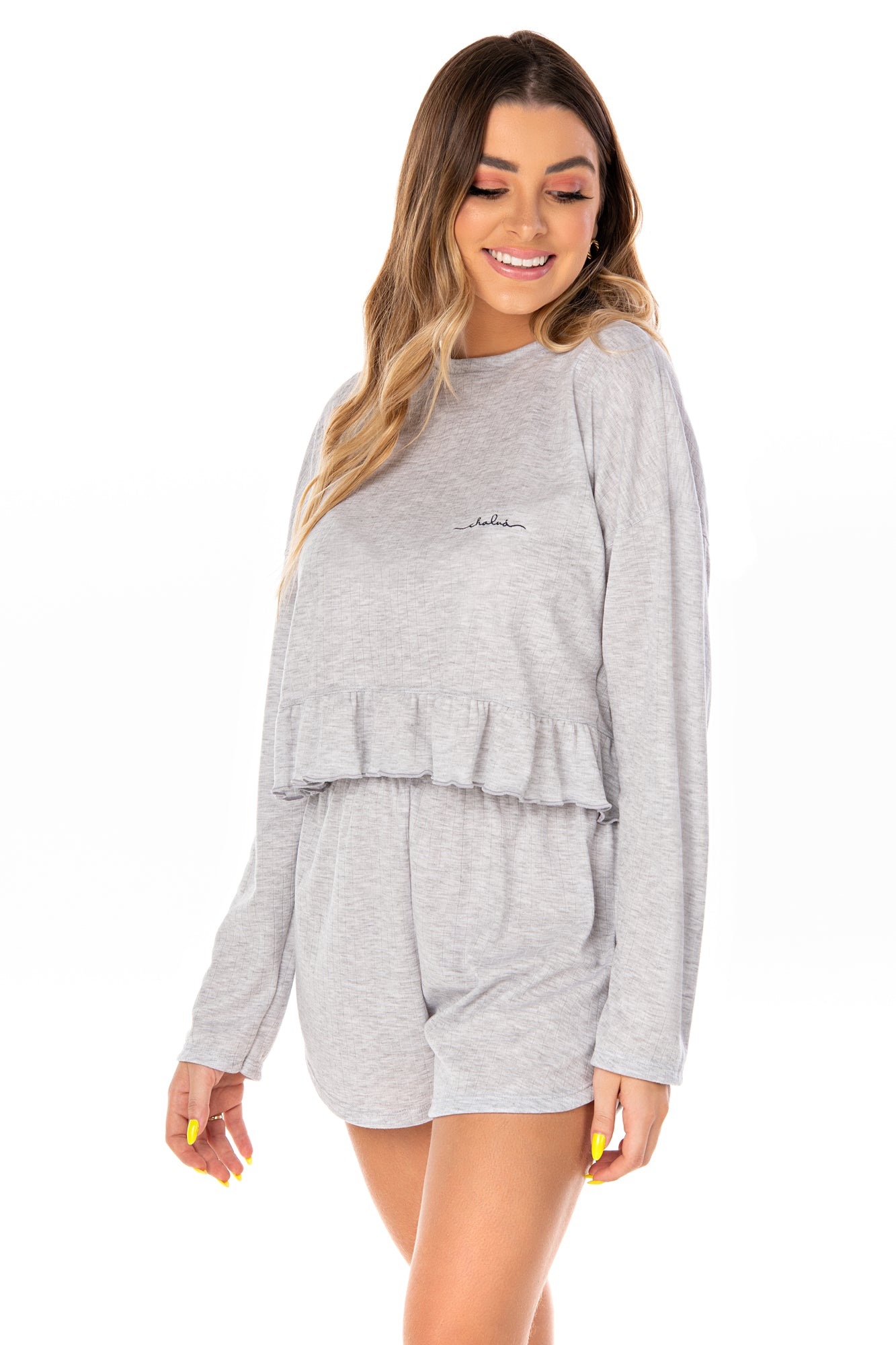 Frill Cropped Grey Pajama Set