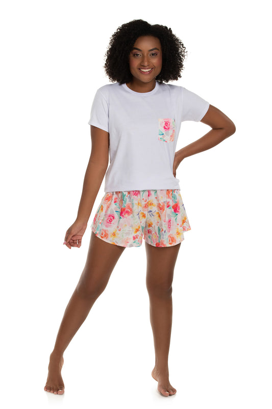 Colorful Flowers With Wrinkle Short Pajama Set