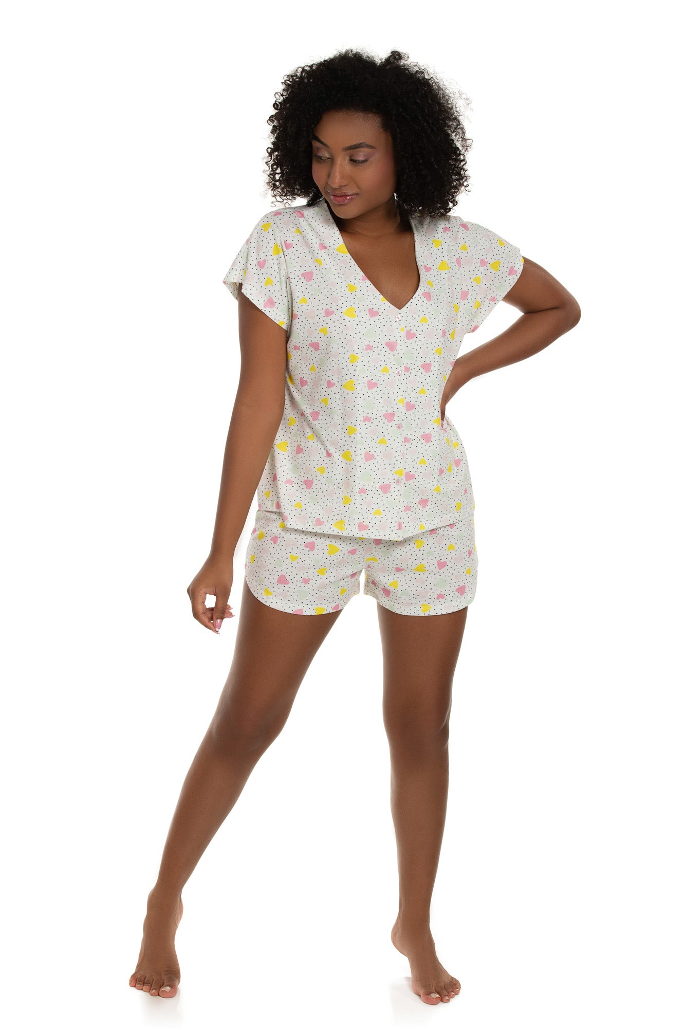 V-Neck Hearts Short Pajama Set