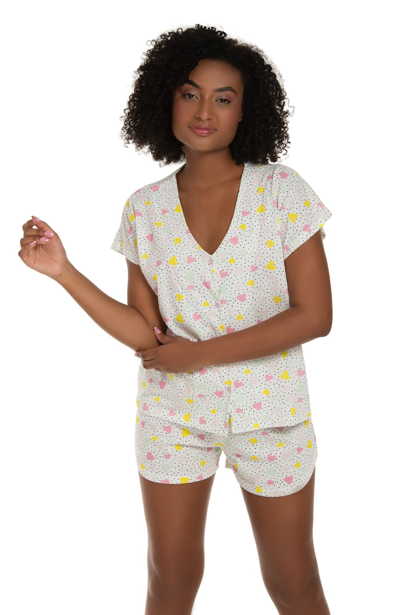 V-Neck Hearts Short Pajama Set