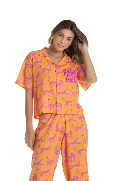 Cheetah Orange Short Sleeve with Pants Pajama Set