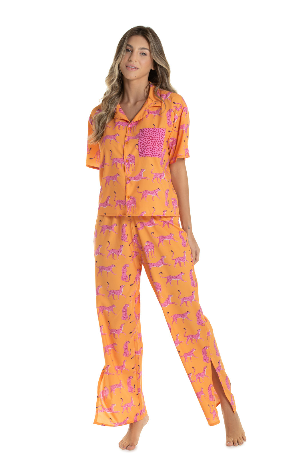 Cheetah Orange Short Sleeve with Pants Pajama Set