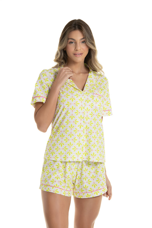 Green Tropical Print Short Pajama Set