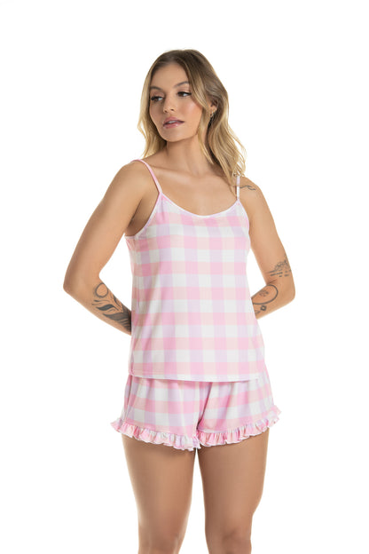 Vichy Light Pink Frill Short Pajama Set