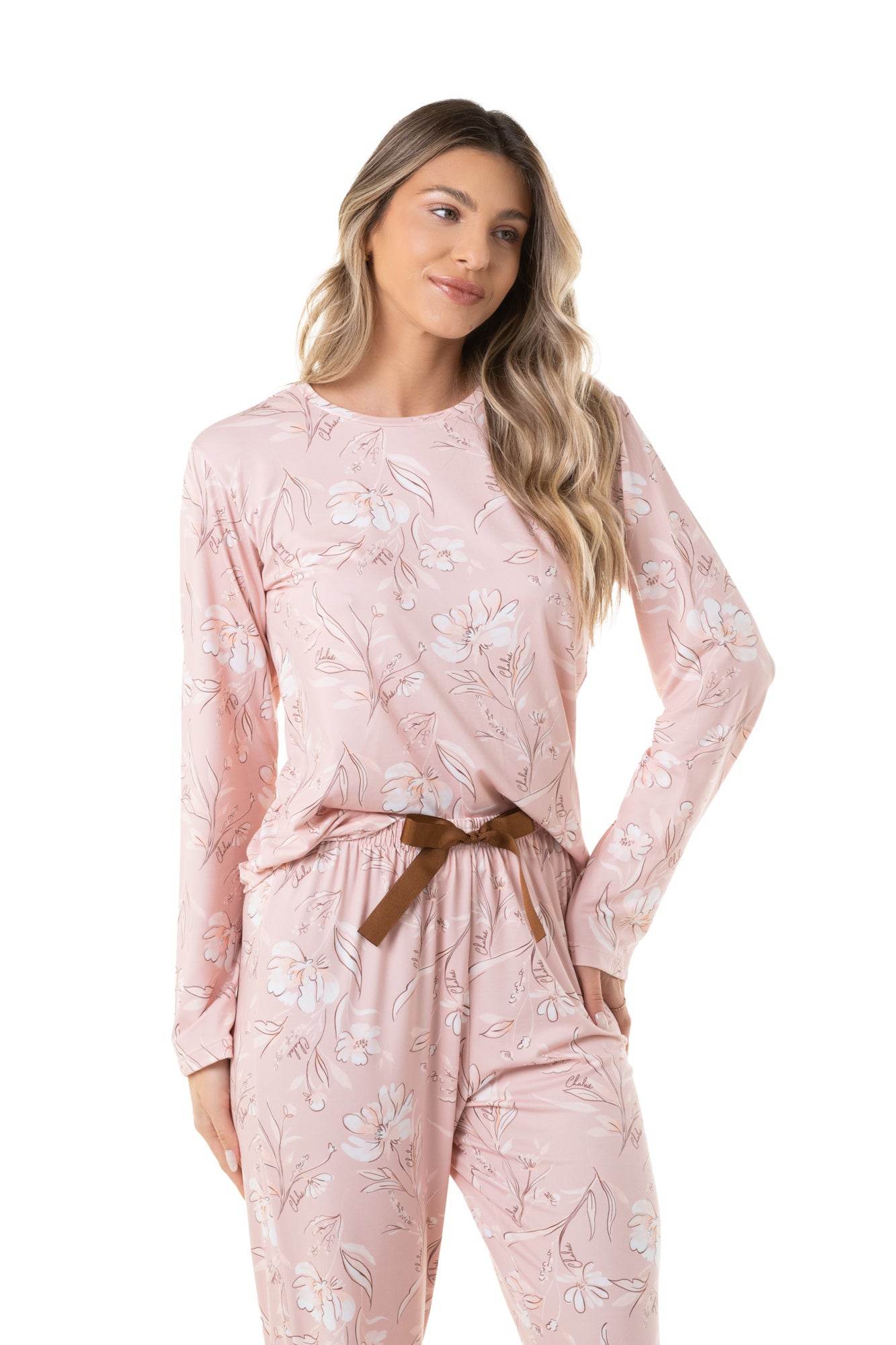 Light Pink Flowers Long Pajama Set