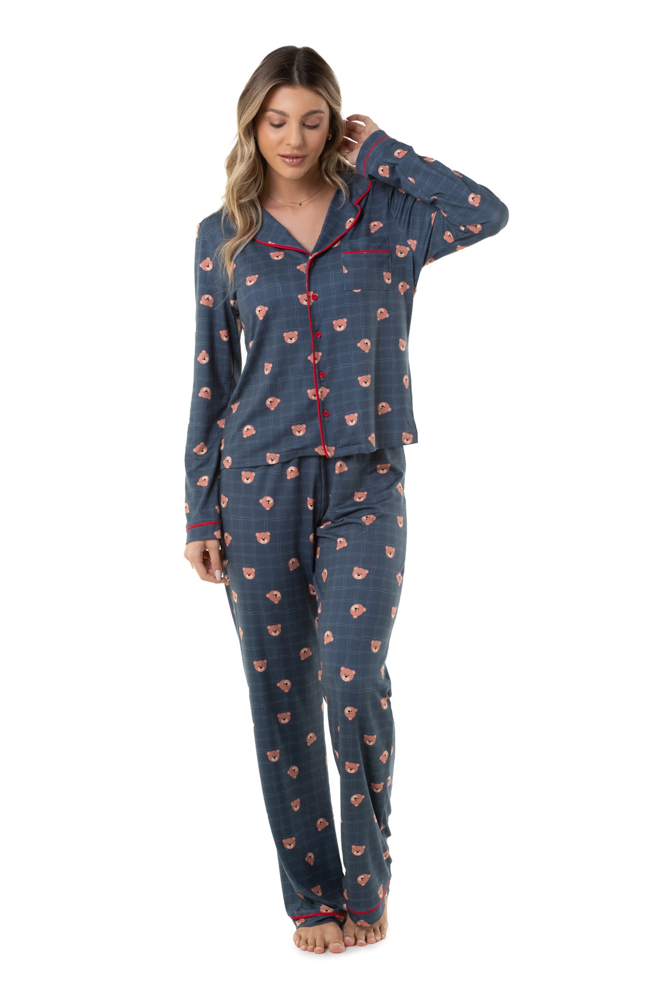 Navy Blue Bear With Red Long Pajama Set