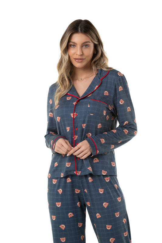 Navy Blue Bear With Red Long Pajama Set