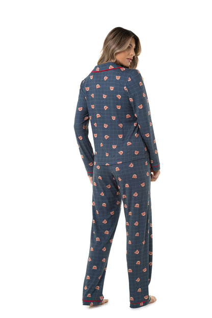 Navy Blue Bear With Red Long Pajama Set