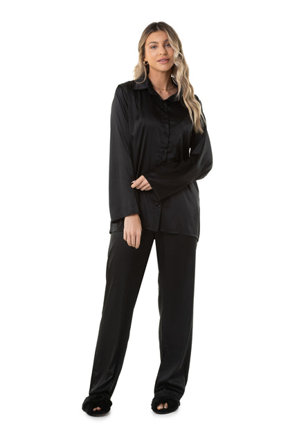 3-Piece Set Satin Black Long Loungewear Set