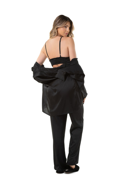 3-Piece Set Satin Black Long Loungewear Set