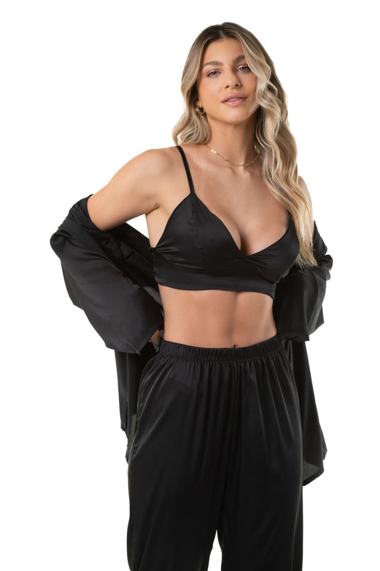 3-Piece Set Satin Black Long Loungewear Set