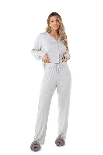 Basic Grey With Buttons Long Pajama Set