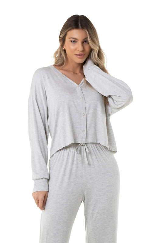 Basic Grey With Buttons Long Pajama Set