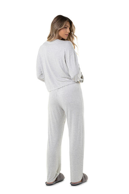 Basic Grey With Buttons Long Pajama Set