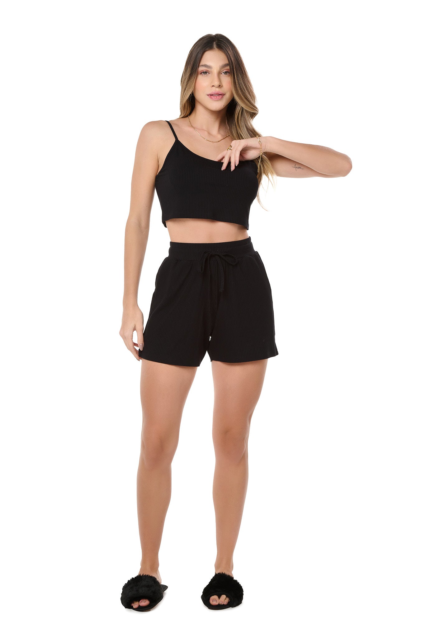 Black Cropped Short Pajama Set