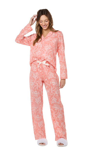 Salmon Floral Long Pajama Set